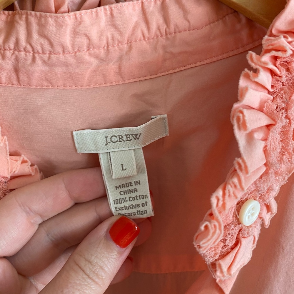 Pink JCrew Shirt with Ruffle Neckline